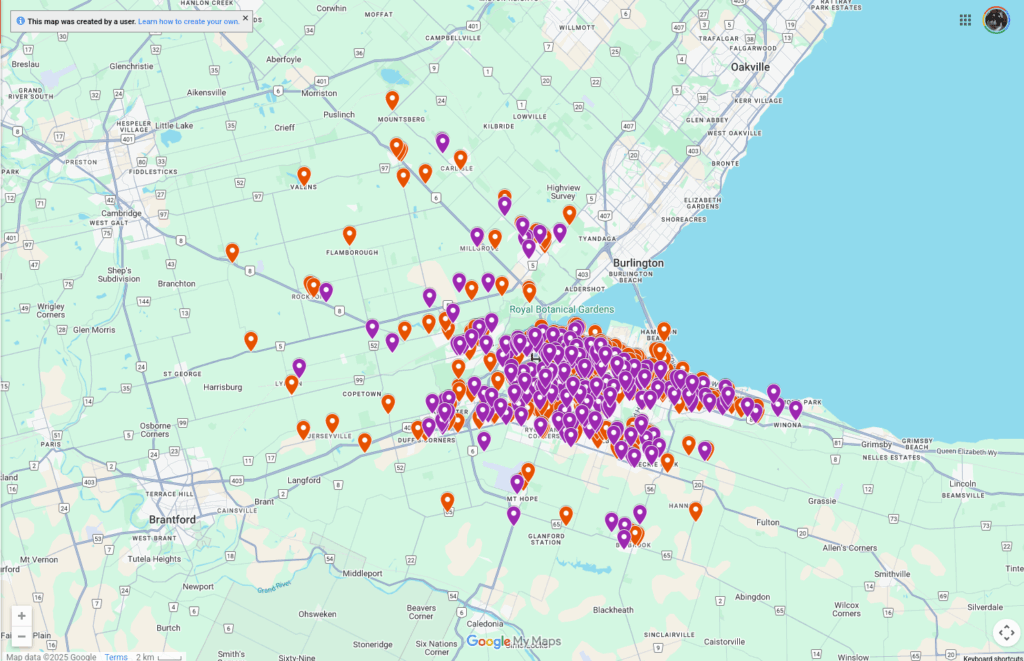 A screenshot of a Google Map showing all the points that would be impacted by a "bubble zone" law.